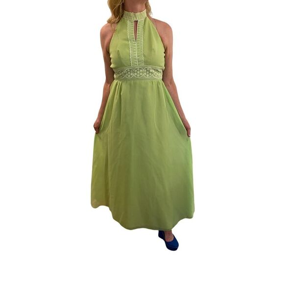 Vintage 60s / 70s Light Green Maxi Halter Dress with Embroidery - Picture 1 of 15